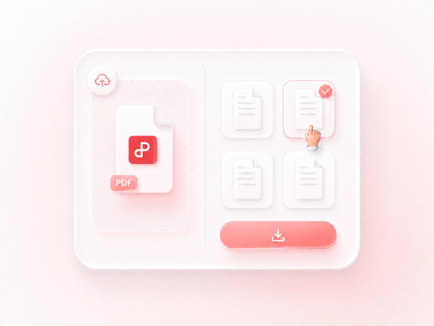 PDF to PNG preview grid with four page thumbnails, one selected, and a download button
