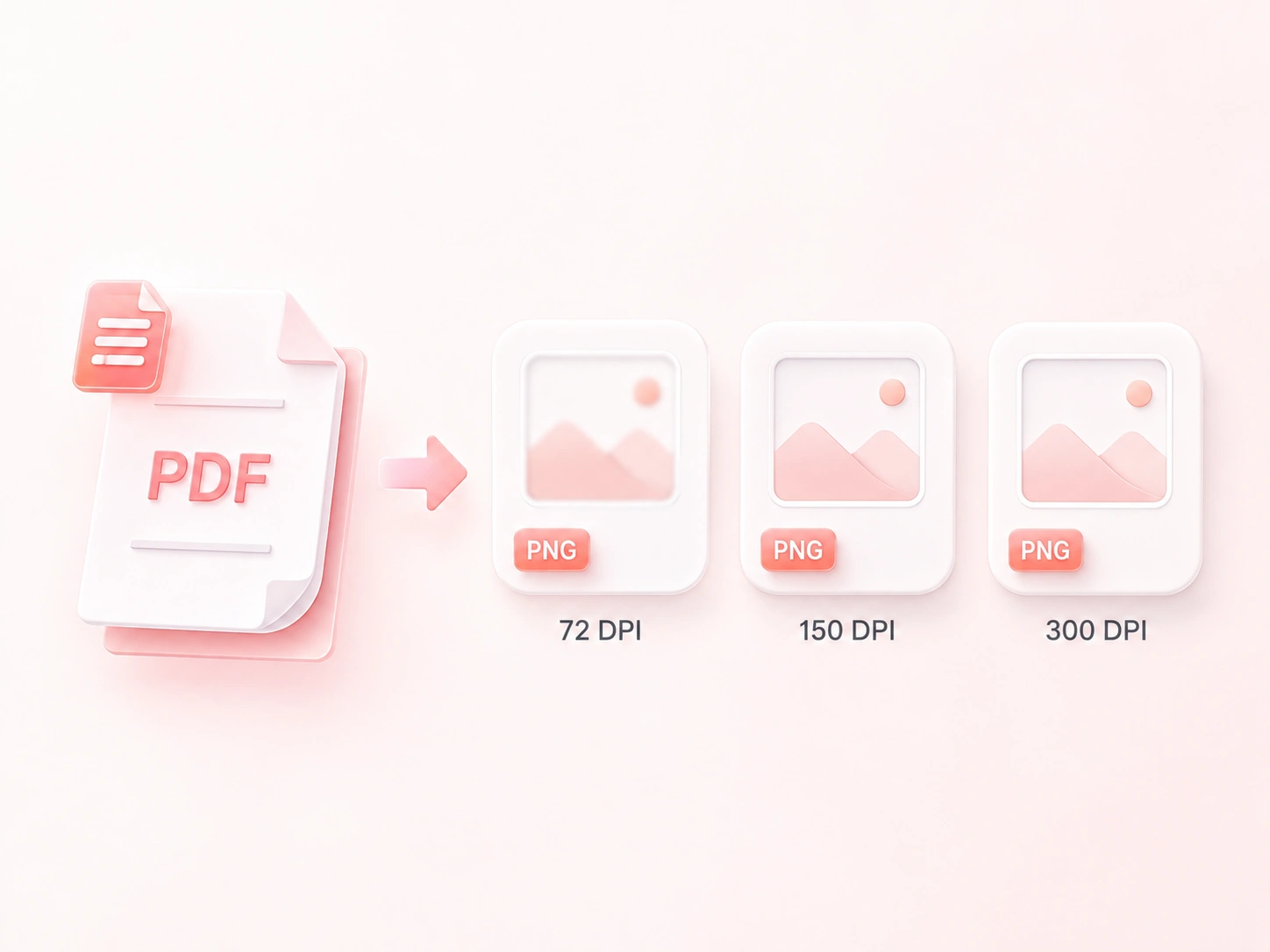 PDF to PNG resolution illustration comparing image previews labeled 72 DPI, 150 DPI, and 300 DPI