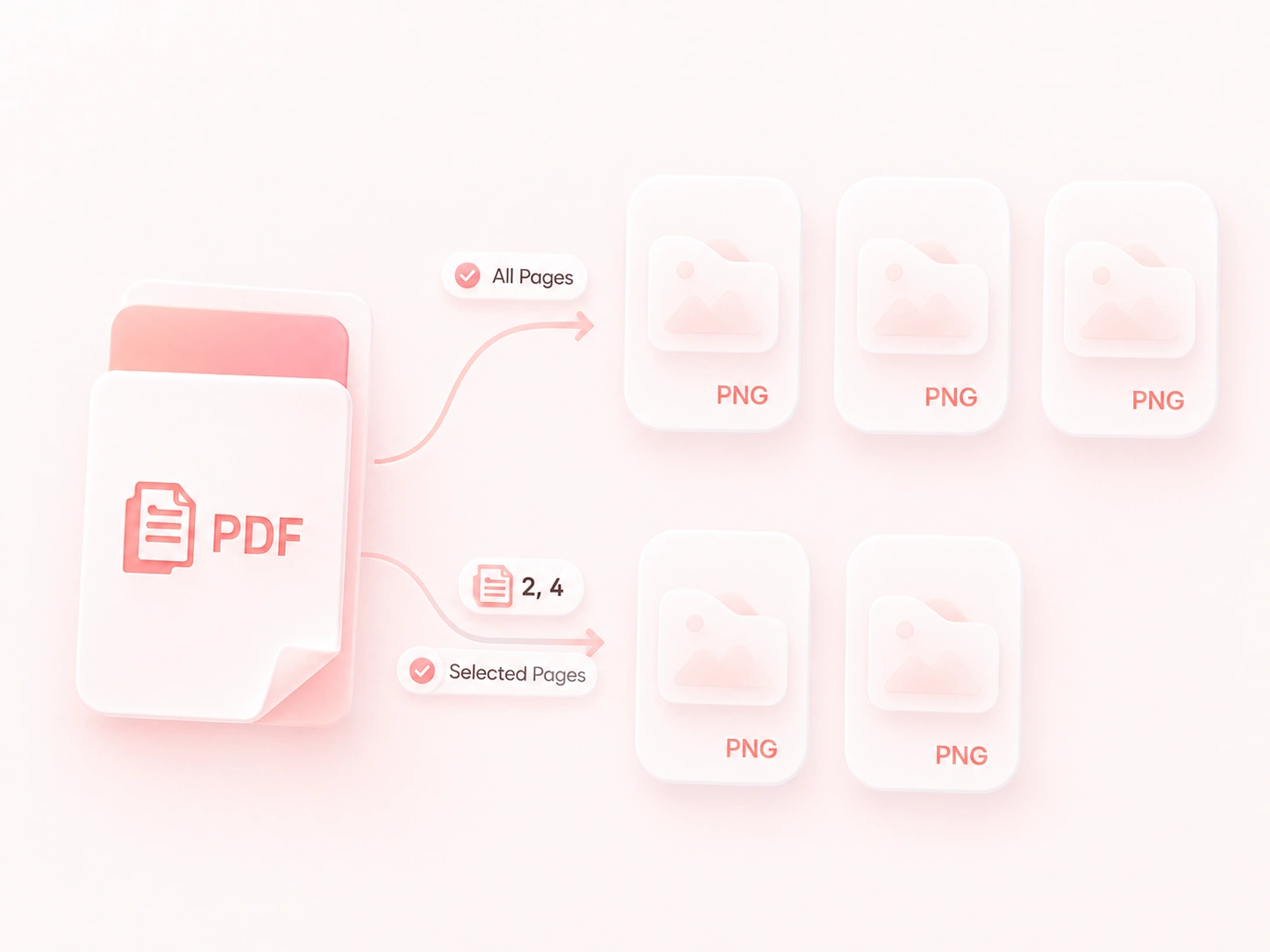 PDF to PNG illustration showing all-page export or selected pages, with pages 2 and 4 as an example