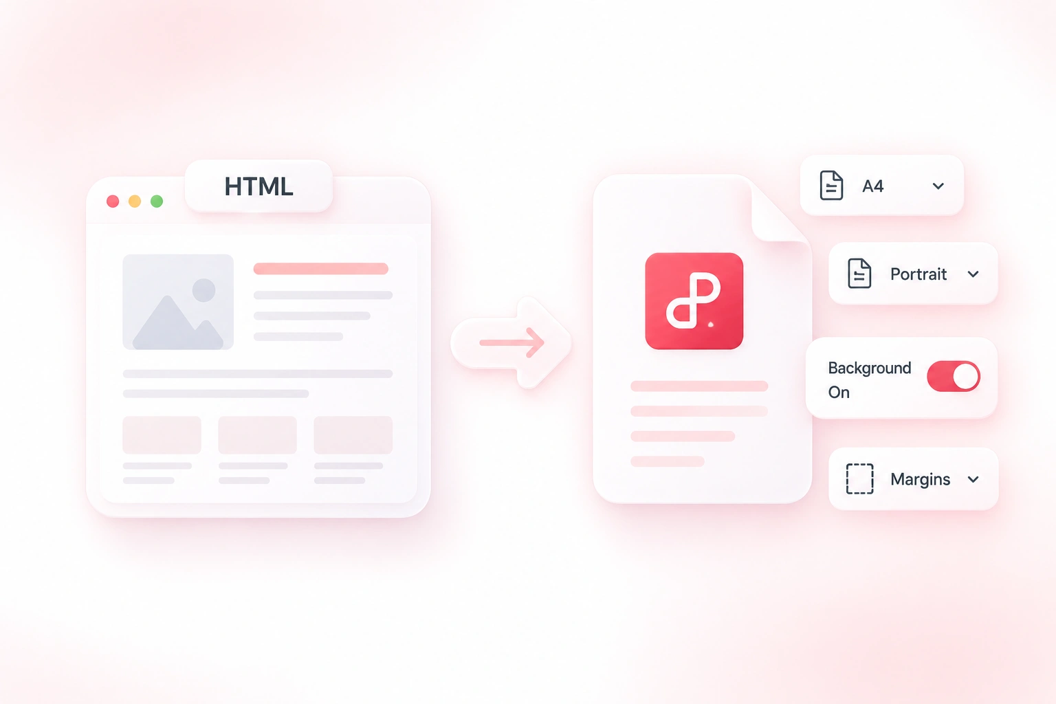HTML page converted to PDF with A4, portrait, background, and margin settings