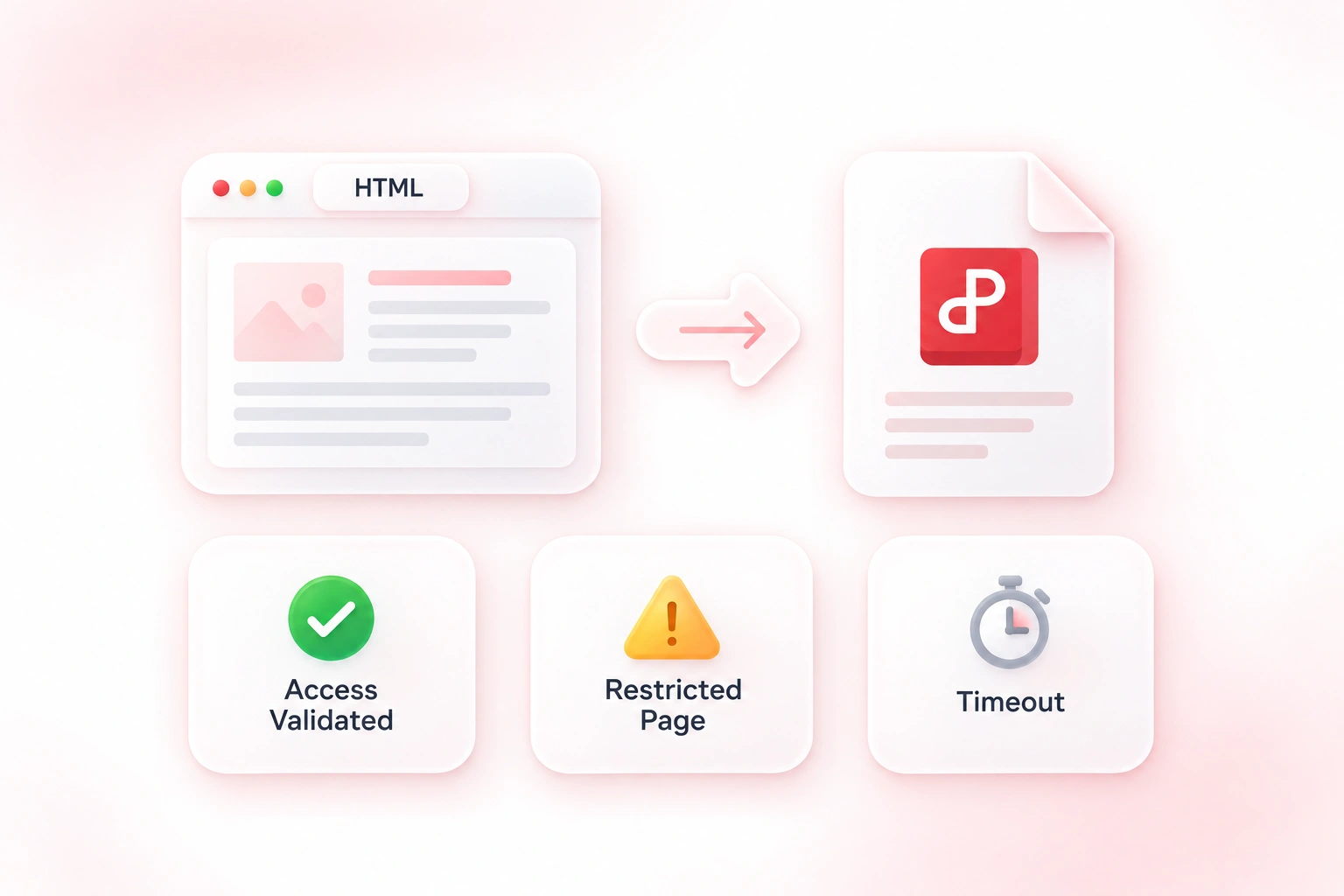 HTML to PDF conversion showing validated access, restricted page, and timeout states