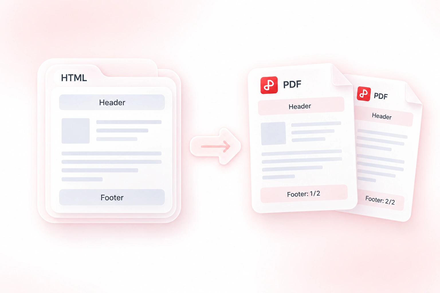 HTML pages converted to PDF with headers, footers, and page numbering