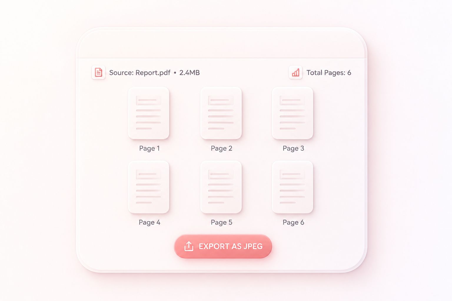 Six PDF page thumbnails ready to preview and export as JPEG